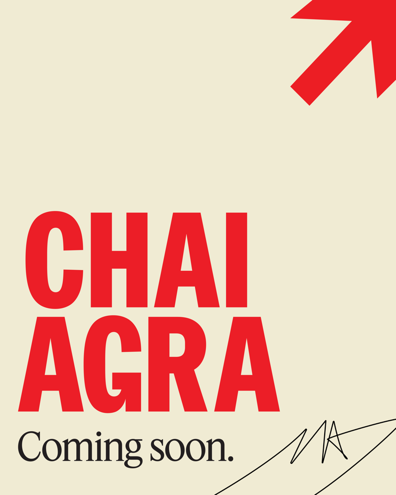 Chaiagra coming soon artwork: bold red lettering, cream background and the brand’s upward arrow.